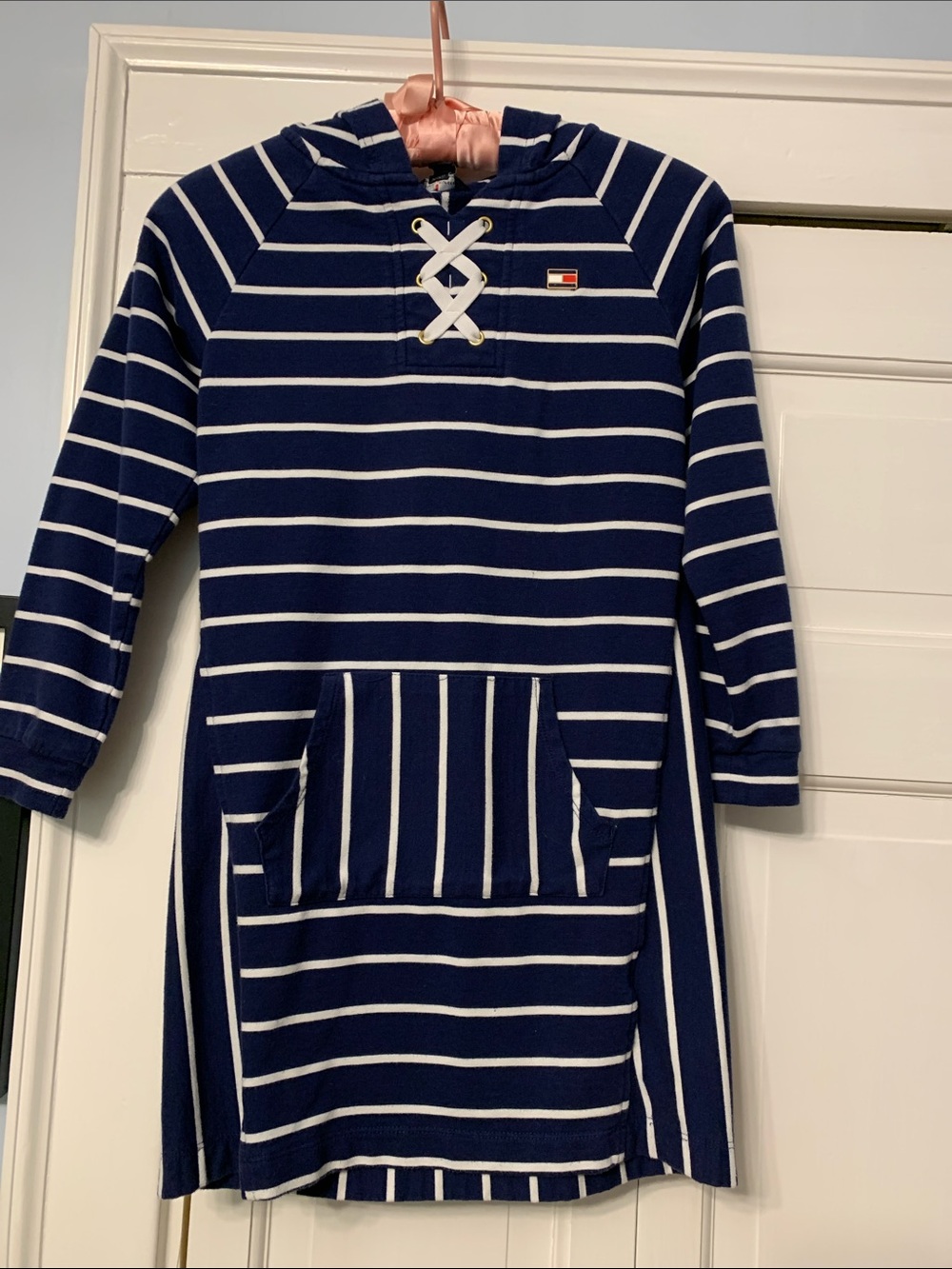 Tommy Hilfiger Navy & White Striped Hooded Lace-Up Dress/ coverup. Size M (8-10)